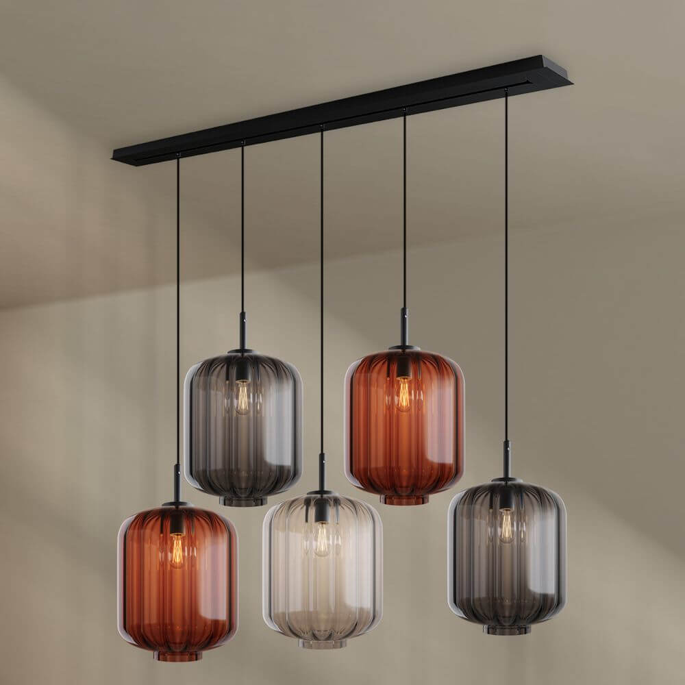 s.luce Velo Esszimmerleuchte 5-flammig Baldachin 160cm Ø 25cm mit eleganten Glasleuchten über Essbereich