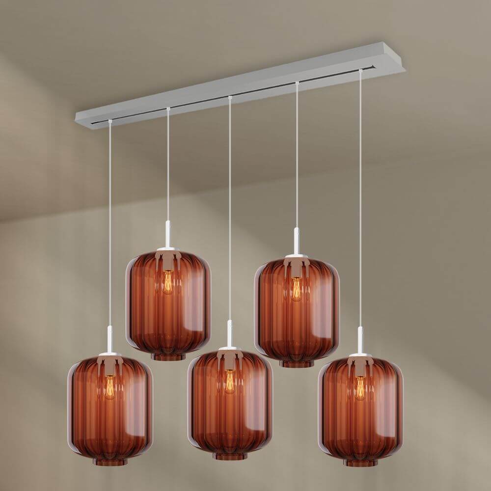 s.luce Velo Esszimmerleuchte 5-flammig Baldachin 160cm Ø 25cm in modernem Design mit fünf Glaskörpern.
