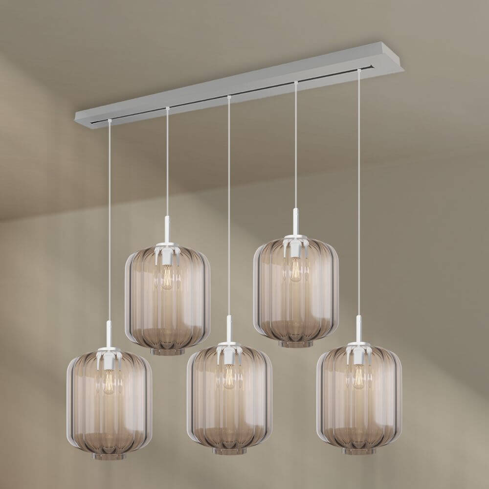 s.luce Velo Esszimmerleuchte 5-flammig Baldachin 160cm Ø 25cm mit eleganten Glasleuchten über dem Esstisch