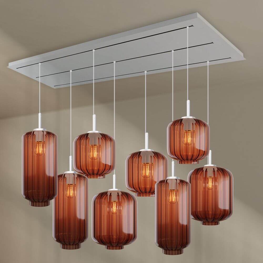 s.luce Velo Esstischleuchte 8-flammig 200cm 3-reihig Ø 18/20/25cm mit eleganten Glaskörpern in Braun.