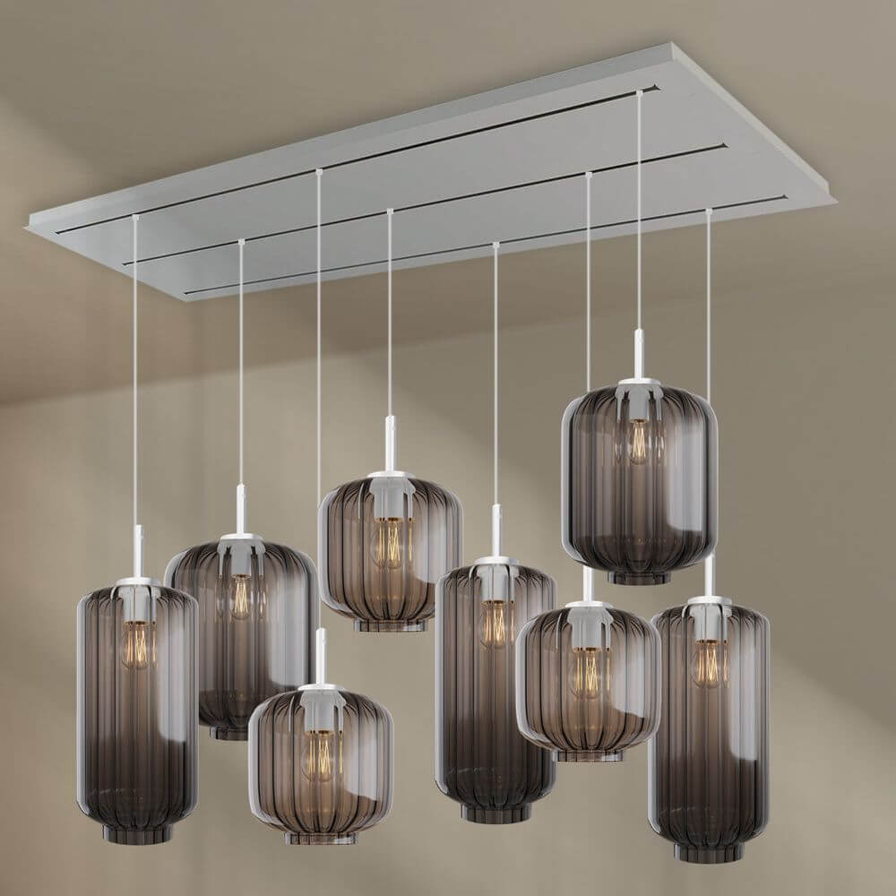 s.luce Velo Esstischleuchte 8-flammig 200cm 3-reihig Ø 18/20/25cm mit eleganten Glaskörpern in verschiedenen Größen.