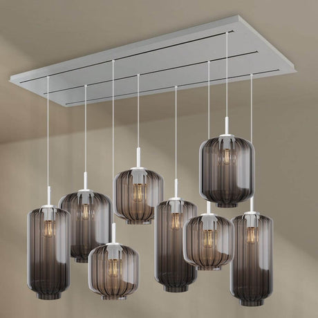 s.luce Velo Esstischleuchte 8-flammig 200cm 3-reihig Ø 18/20/25cm mit eleganten Glaskörpern in verschiedenen Größen.