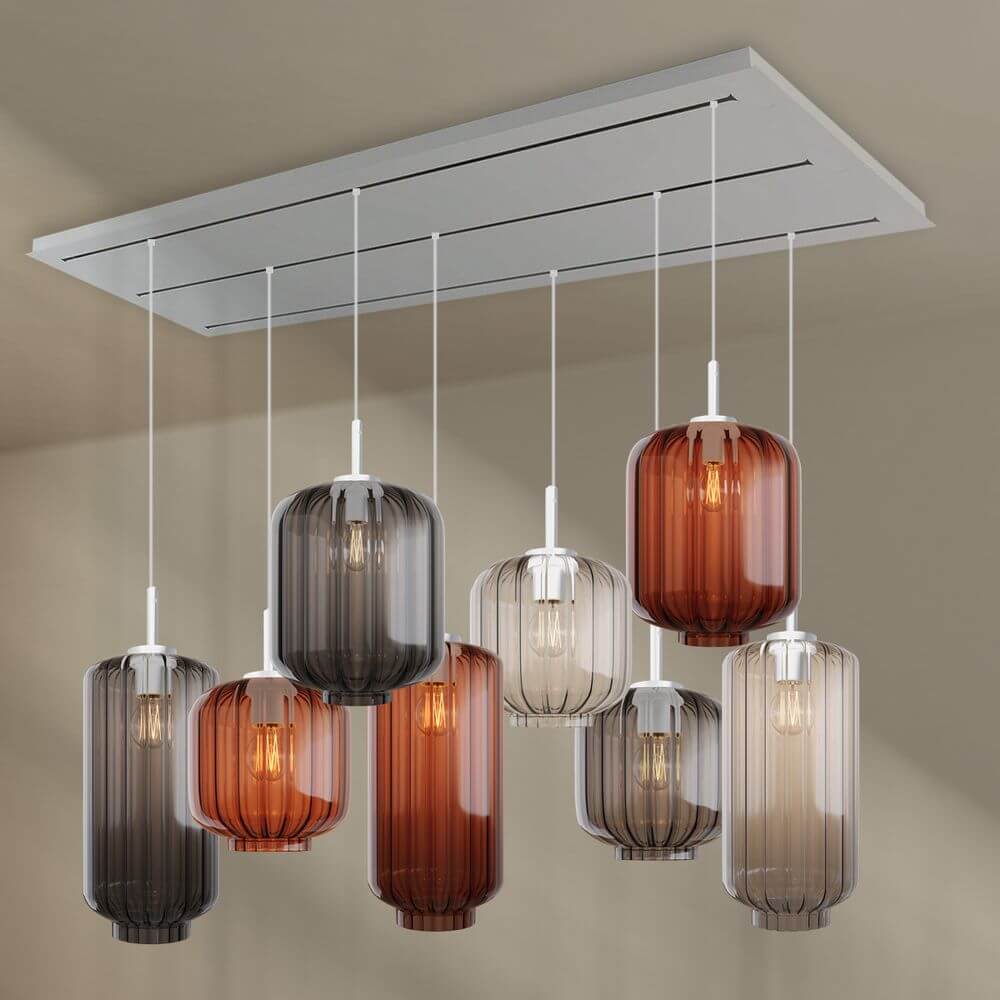 s.luce Velo Esstischleuchte 8-flammig 200cm 3-reihig Ø 18/20/25cm mit eleganten Glaskörpern in verschiedenen Farben.