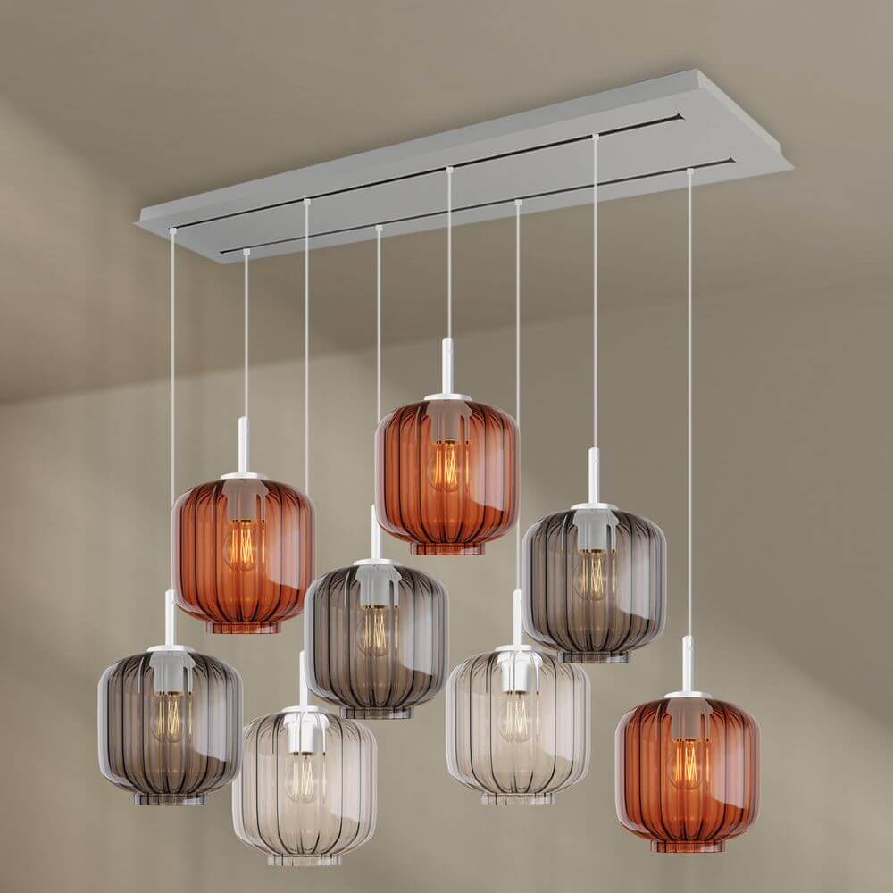 s.luce Velo Esszimmerlampe 8-flammig 160cm 2-reihig Ø 20cm mit eleganten, farbigen Glas Pendelleuchten.