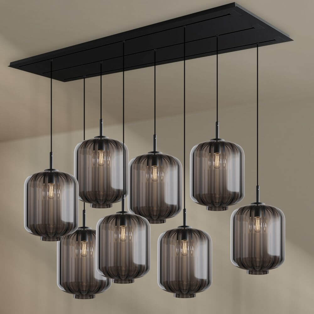 s.luce Velo Esszimmerleuchte 8-flammig 200cm 3-reihig Ø 25cm mit stilvollen Glaskörpern