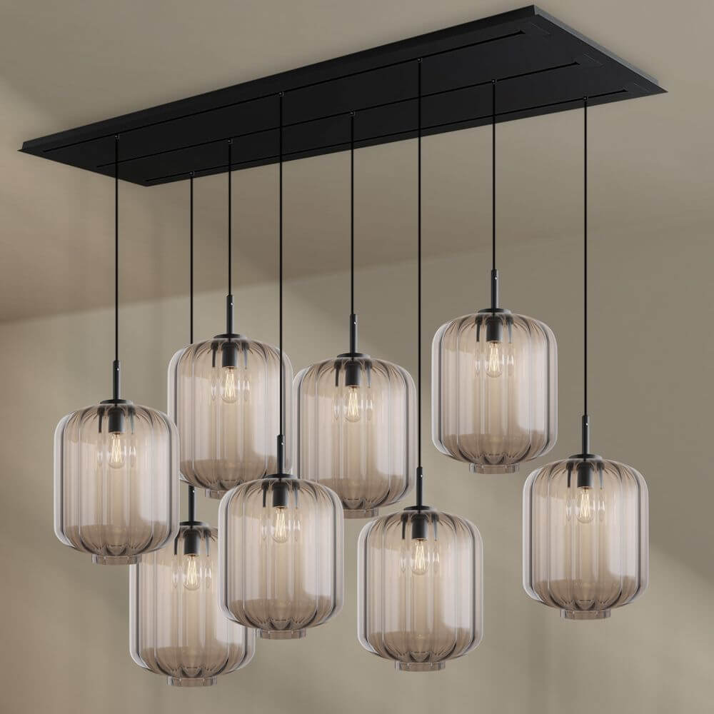 s.luce Velo Esszimmerleuchte 8-flammig 200cm 3-reihig Ø 25cm mit Glaskörpern in modernem Design.