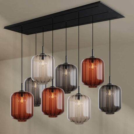 s.luce Velo Esszimmerleuchte 8-flammig 200cm 3-reihig Ø 25cm mit bunten Glaskörpern