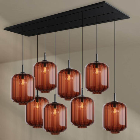 s.luce Velo Esszimmerleuchte 8-flammig 200cm 3-reihig Ø 25cm mit acht glasene Leuchten in der Farbe Amber.