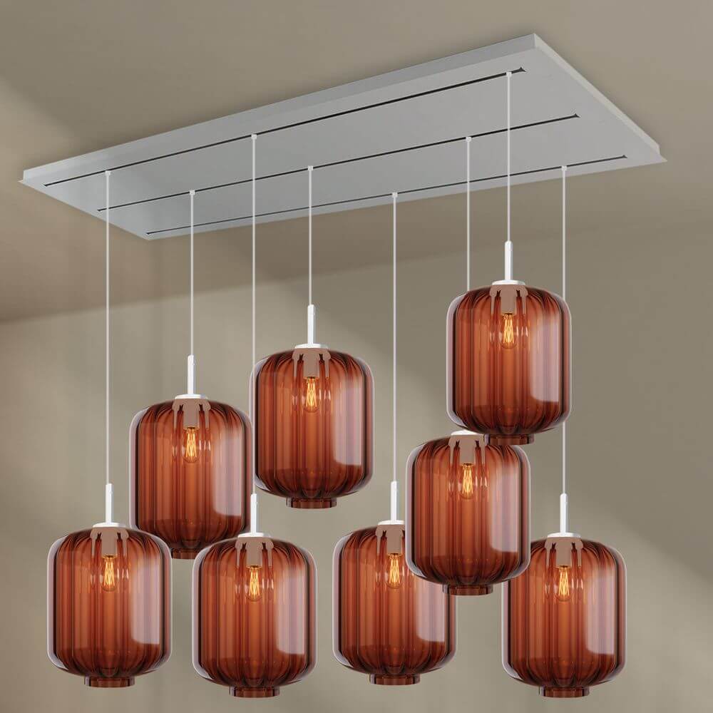 s.luce Velo Esszimmerleuchte 8-flammig 200cm 3-reihig Ø 25cm mit braunen Glaskörpern.