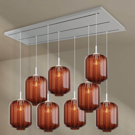 s.luce Velo Esszimmerleuchte 8-flammig 200cm 3-reihig Ø 25cm mit braunen Glaskörpern.