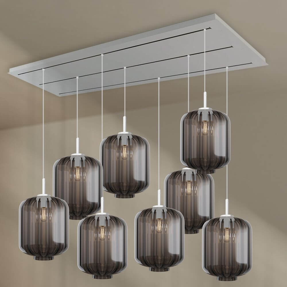 s.luce Velo Esszimmerleuchte 8-flammig 200cm 3-reihig Ø 25cm mit eleganten Glaskörpern.