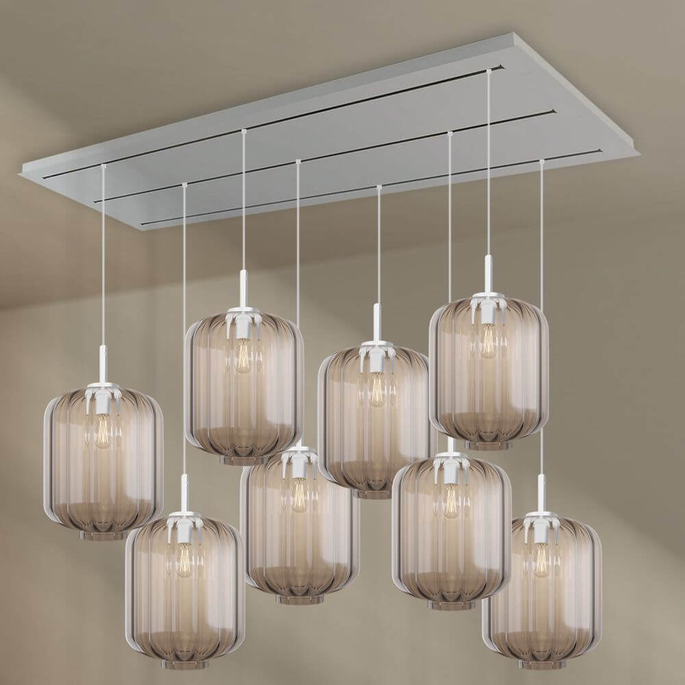 s.luce Velo Esszimmerleuchte 8-flammig 200cm 3-reihig Ø 25cm mit modernen, mundgeblasenen Glaskörpern.