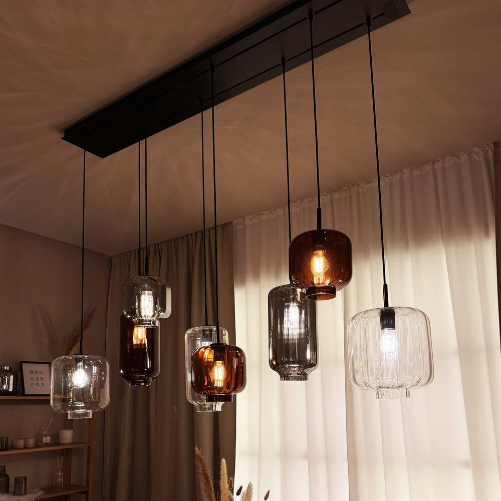 s.luce Velo Esszimmerlampe 12-flammig 200cm 3-reihig Ø 18/20/25cm mit eleganten Pendelleuchten aus Glas