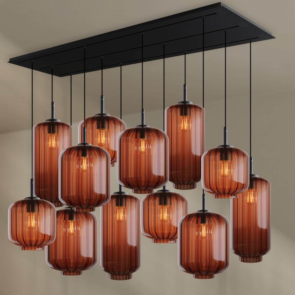 s.luce Velo Esszimmerlampe 12-flammig 200cm 3-reihig Ø 18/20/25cm mit trendigen Pendelleuchten