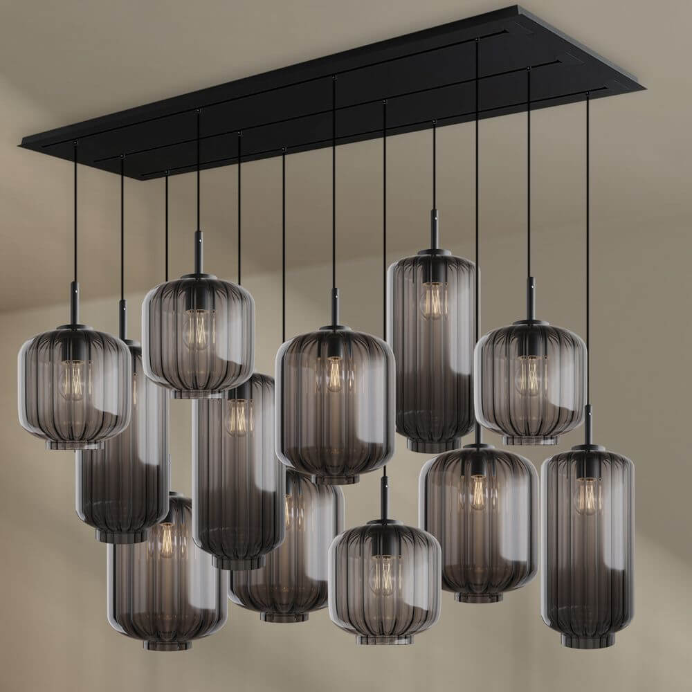 s.luce Velo Esszimmerlampe 12-flammig 200cm 3-reihig Ø 18/20/25cm mit eleganten Pendelleuchten aus Glas.