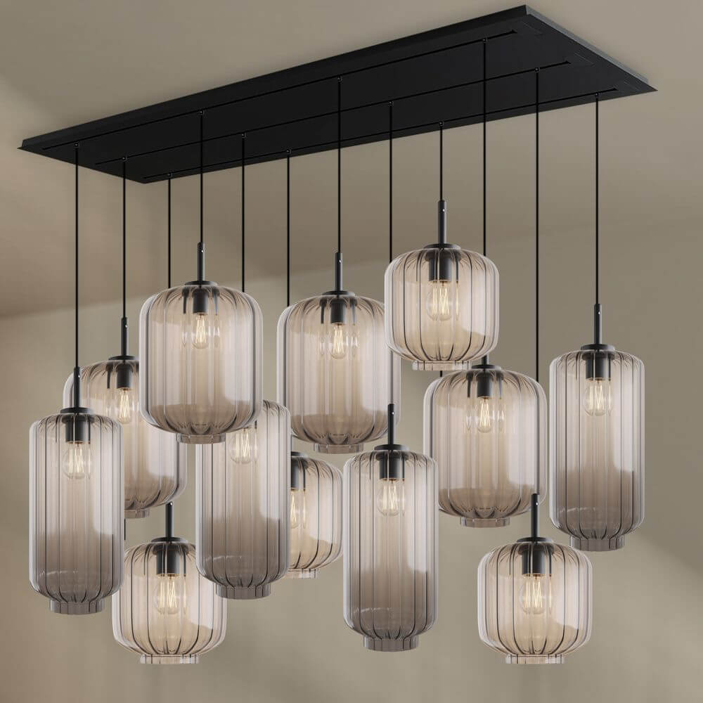 s.luce Velo Esszimmerlampe 12-flammig 200cm 3-reihig Ø 18/20/25cm moderne Pendelleuchte mit mundgeblasenem Glas.