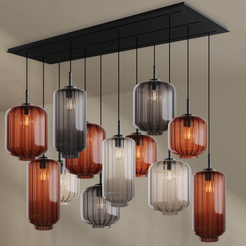 s.luce Velo Esszimmerlampe 12-flammig 200cm 3-reihig Ø 18/20/25cm mit eleganten Pendelleuchten aus Glas.