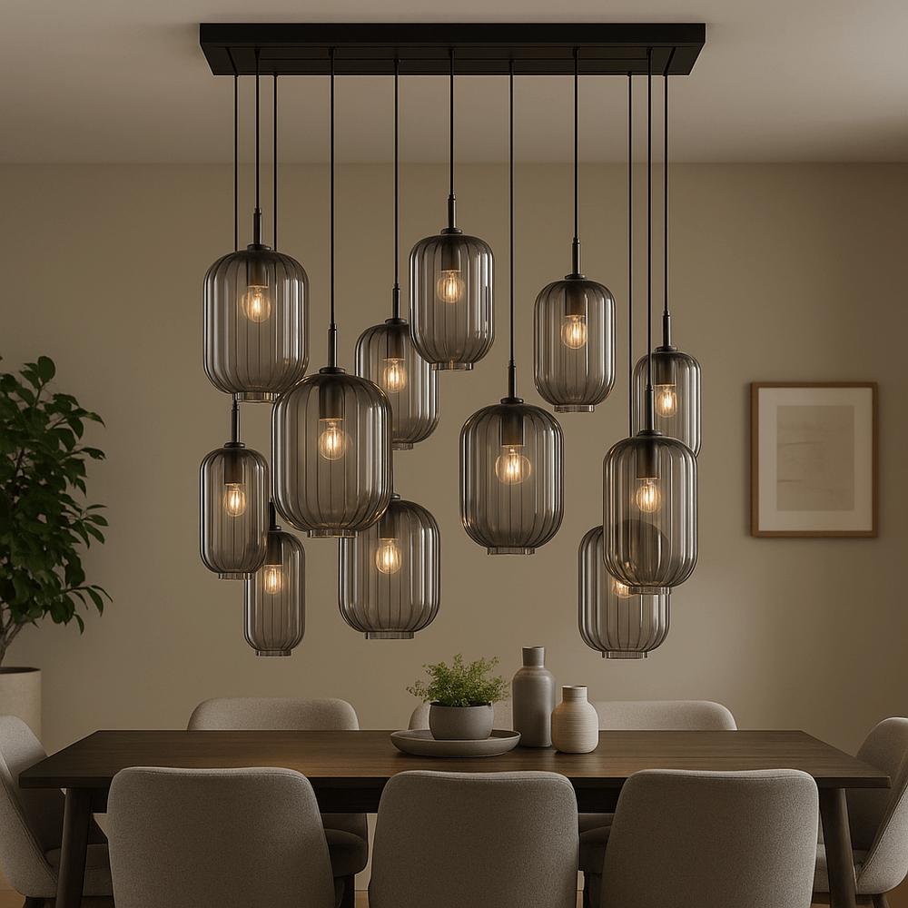 s.luce Velo Esszimmerlampe 12-flammig 200cm 3-reihig Ø 18/20/25cm mit eleganten Pendelleuchten aus Glas.