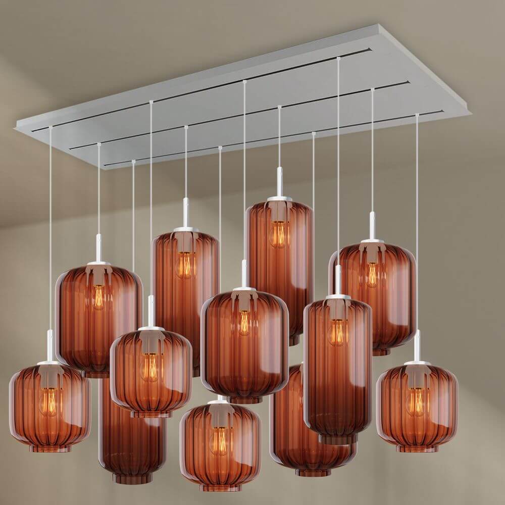 s.luce Velo Esszimmerlampe 12-flammig 200cm 3-reihig Ø 18/20/25cm mit eleganten Pendelleuchten aus Glas.