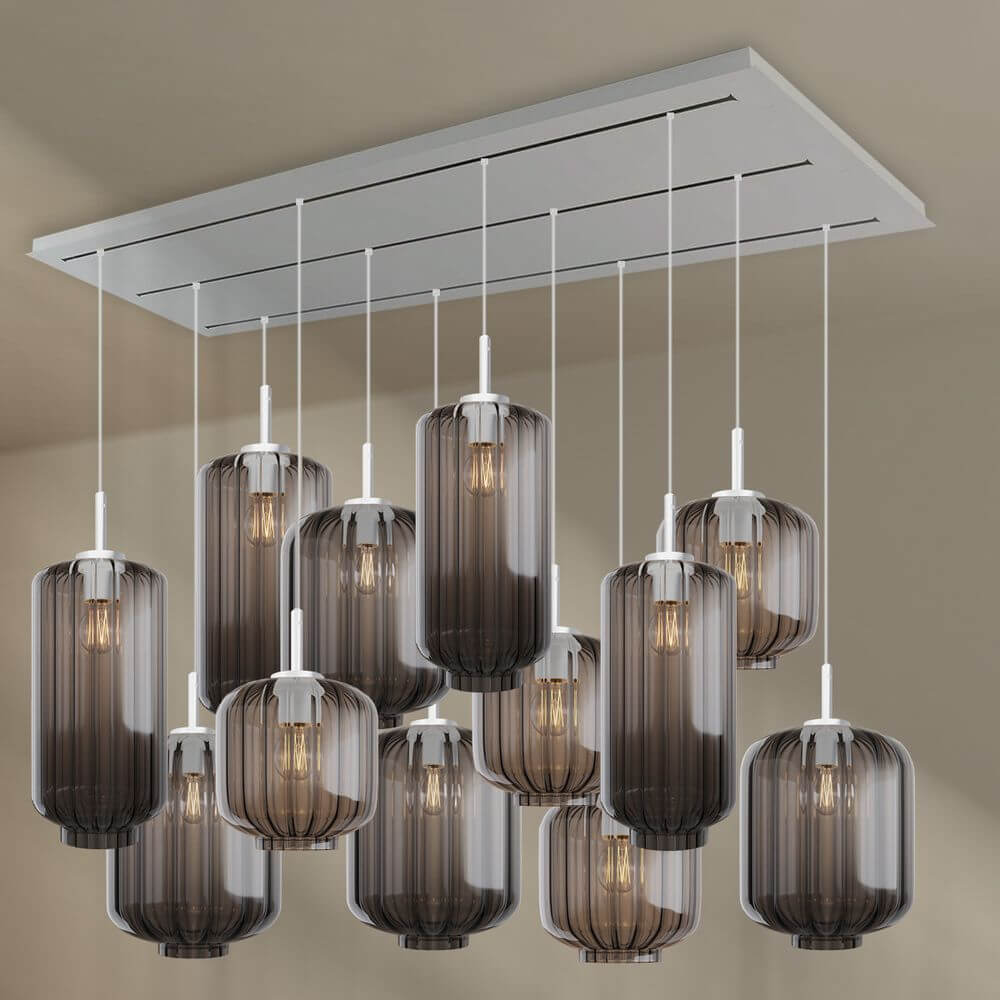 s.luce Velo Esszimmerlampe 12-flammig 200cm 3-reihig Ø 18/20/25cm mit eleganten Pendelleuchten aus Glas