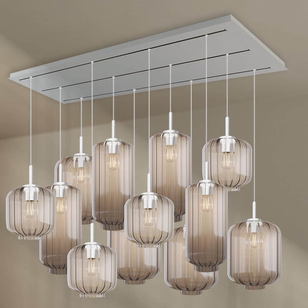 s.luce Velo Esszimmerlampe 12-flammig 200cm 3-reihig Ø 18/20/25cm mit elegantem Design und mundgeblasenem Glas.
