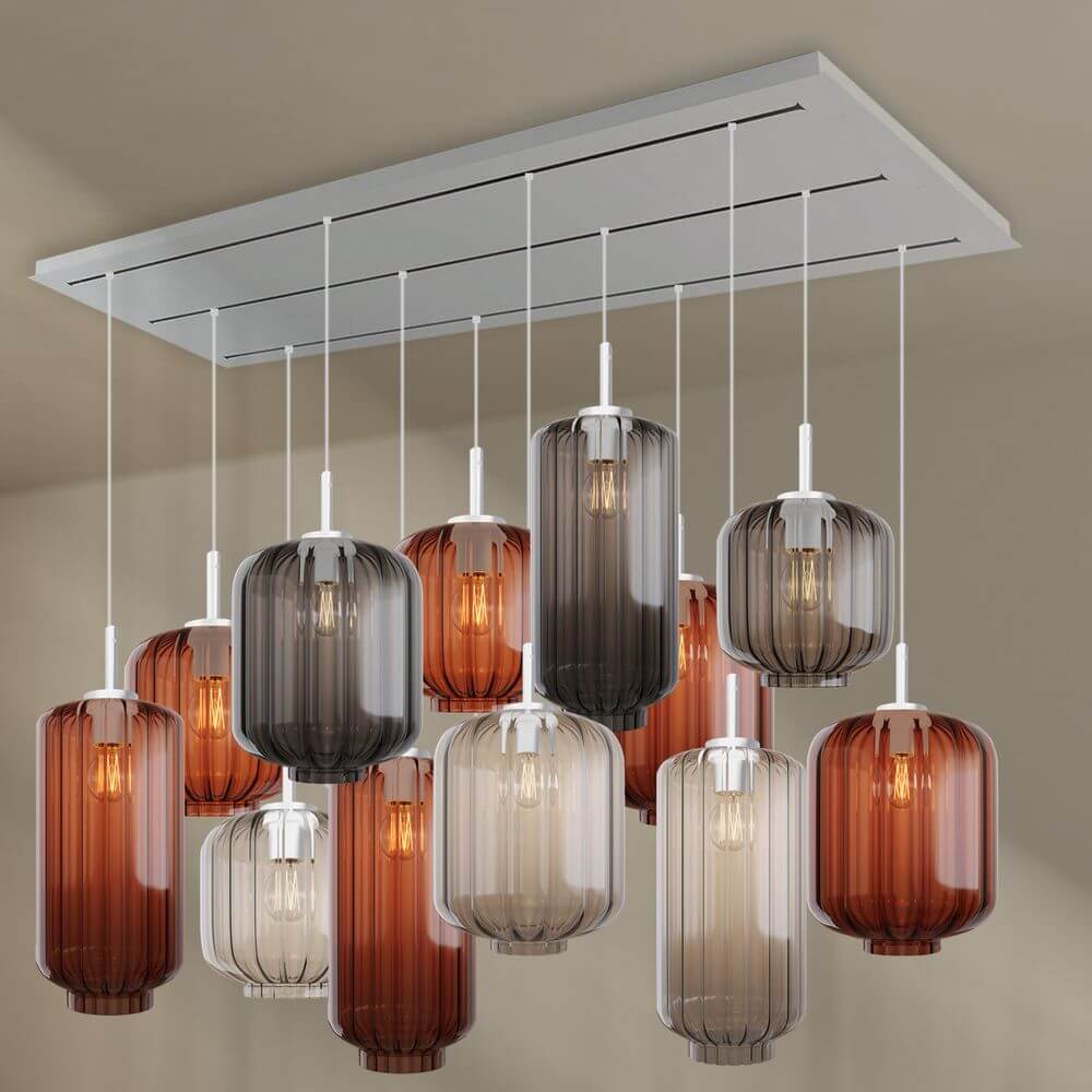 s.luce Velo Esszimmerlampe 12-flammig 200cm 3-reihig Ø 18/20/25cm mit eleganten Pendelleuchten aus Glas