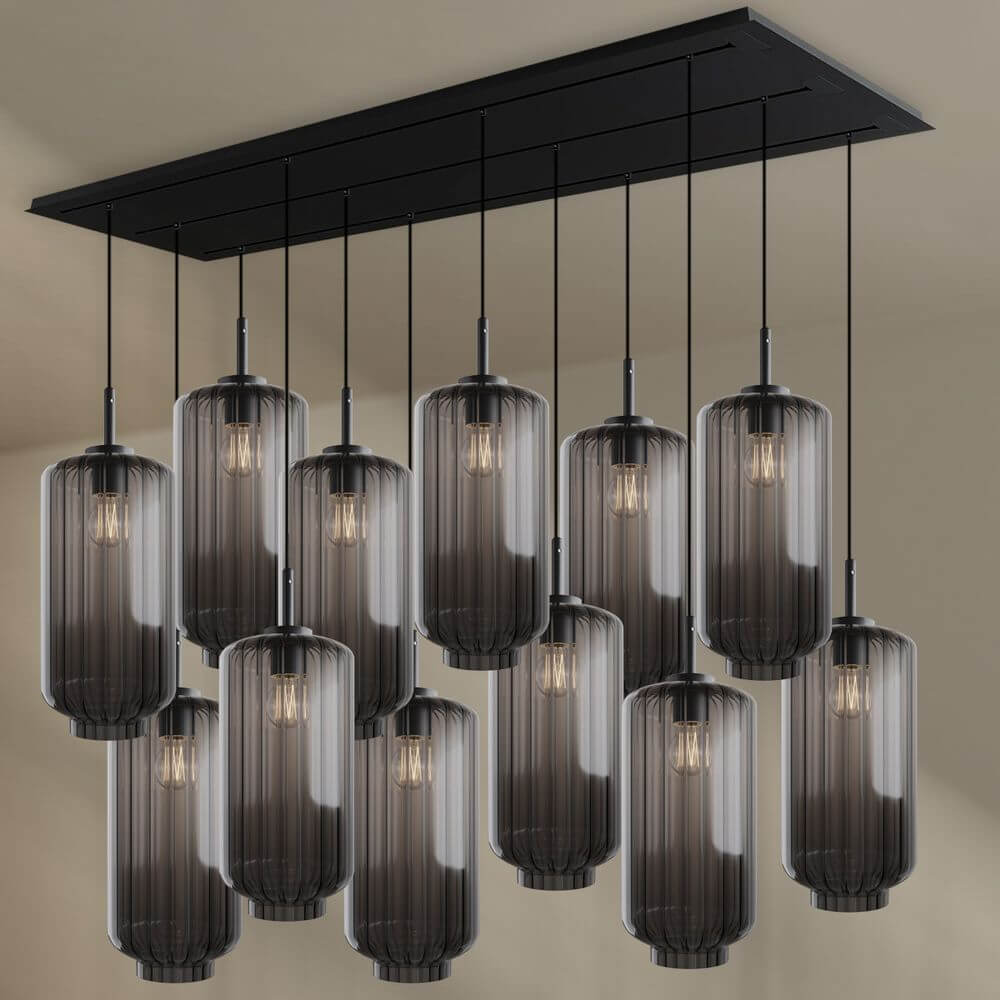 s.luce Velo Esszimmerleuchte 12-flammig 200cm 3-reihig Ø 18cm in stilvollem Design mit Glas-Pendelleuchten.