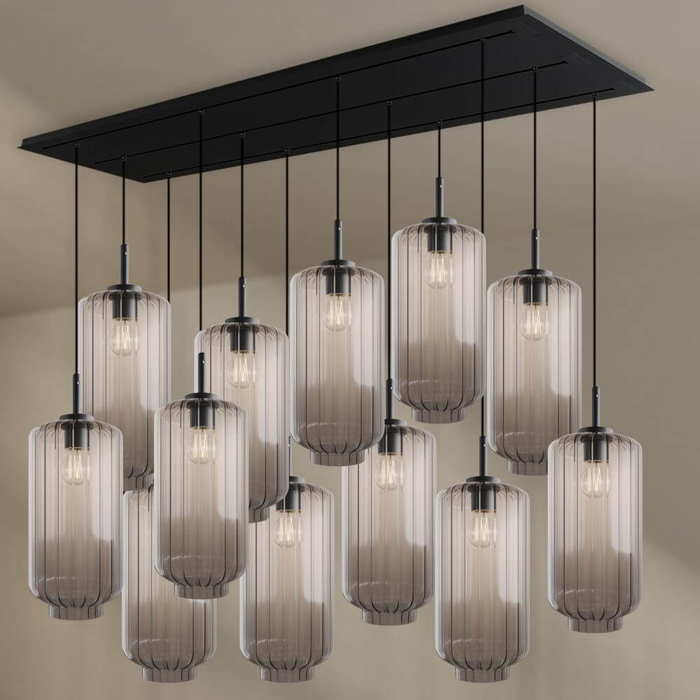 s.luce Velo Esszimmerleuchte 12-flammig 200cm 3-reihig Ø 18cm in stilvollem Design mit schönen Glaskörpern.