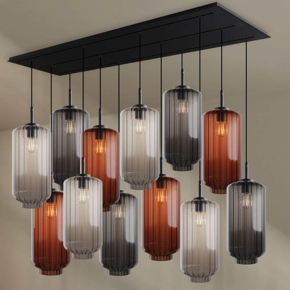 s.luce Velo Esszimmerleuchte 12-flammig 200cm 3-reihig Ø 18cm mit eleganten Glaspendelleuchten.