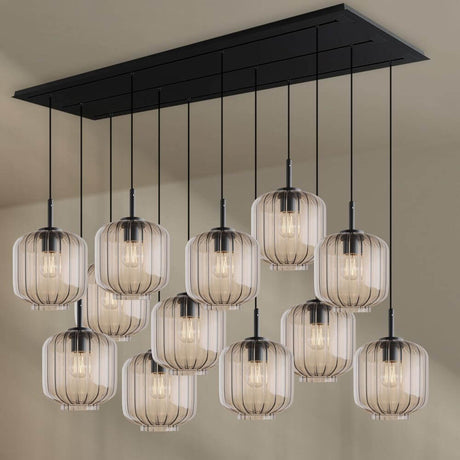 s.luce Velo Esstischlampe 12-flammig 200cm 3-reihig Ø 20cm – elegante Pendelleuchte mit mundgeblasenem Glas.