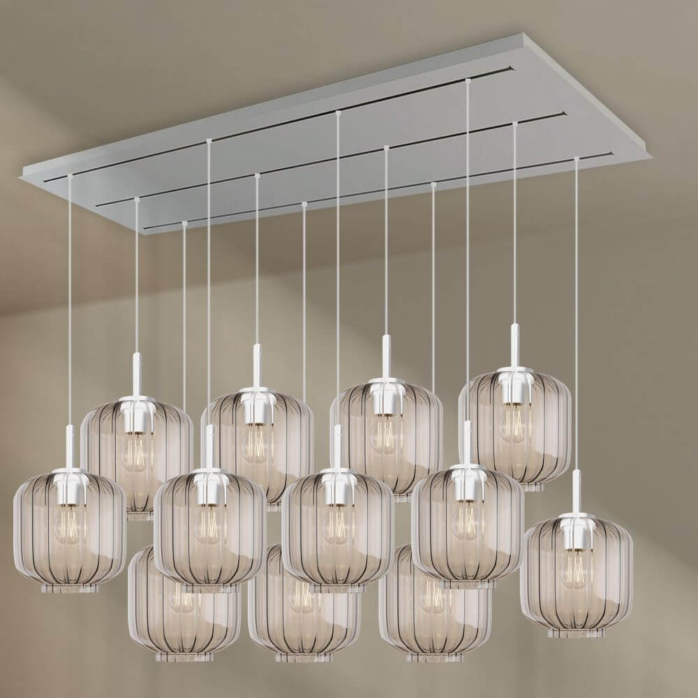 s.luce Velo Esstischlampe 12-flammig 200cm 3-reihig Ø 20cm mit eleganten Pendelleuchten aus Glas