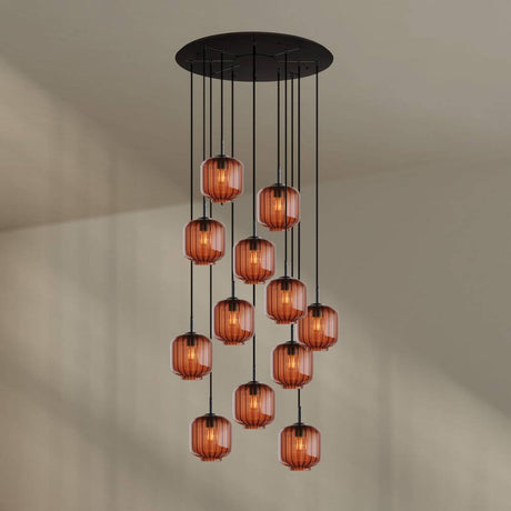 s.luce Velo 12-flammige Galerieleuchte Ø 80cm Baldachin Ø 20cm mit orangen Pendelleuchten