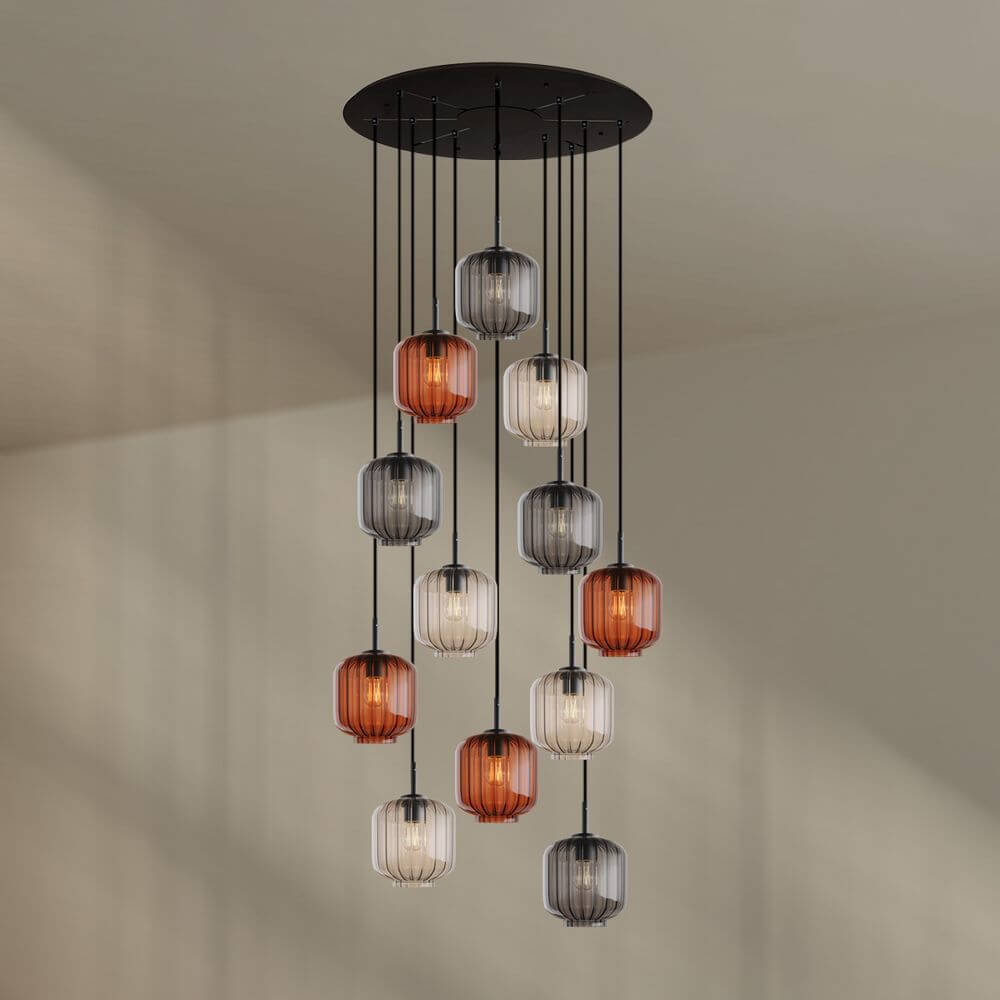 s.luce Velo 12-flammige Galerieleuchte Ø 80cm Baldachin Ø 20cm mit bunten Pendelleuchten