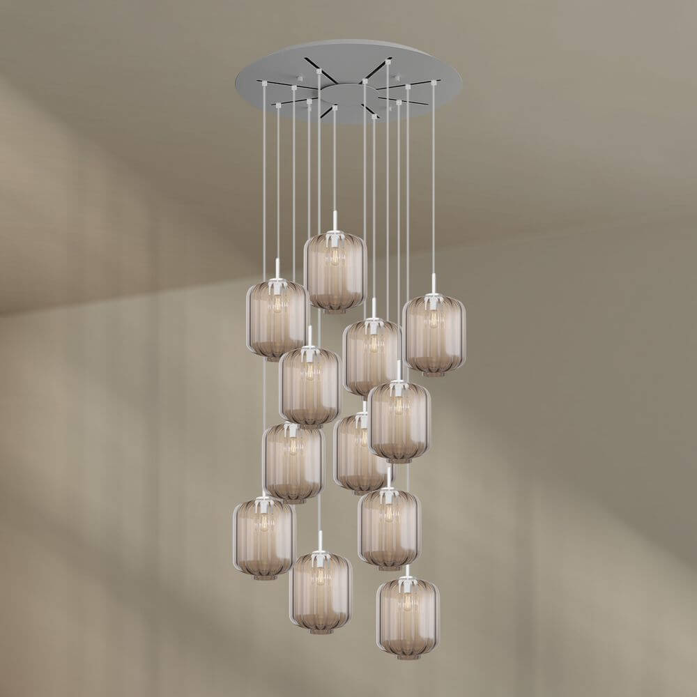 s.luce Velo 12-flammige Galerieleuchte Ø 80cm Baldachin Ø 20cm mit mundgeblasenen Glas-Pendelleuchten.