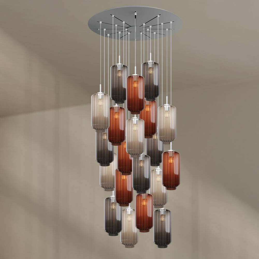 s.luce Velo Galerie-Pendelleuchte 20-flammig Ø 120cm Ø 18cm mit eleganten, mundgeblasenen Glas-Pendelleuchten.