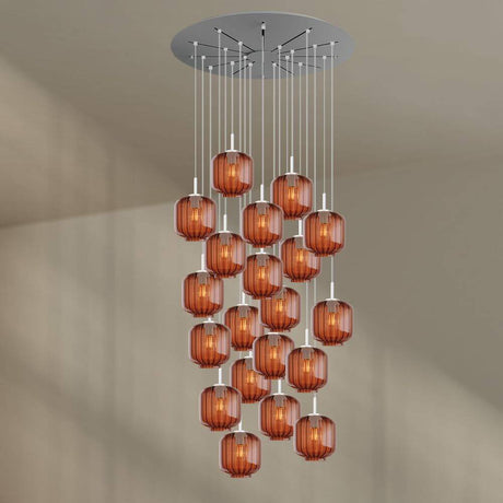 s.luce Velo Galerieleuchte 20-flammig Ø 120cm Baldachin Ø 20cm mit hangenden Glas-Pendelleuchten in edlen Farben.