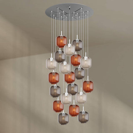 s.luce Velo Galerieleuchte 20-flammig Ø 120cm Baldachin Ø 20cm mit bunten Glas-Pendelleuchten.