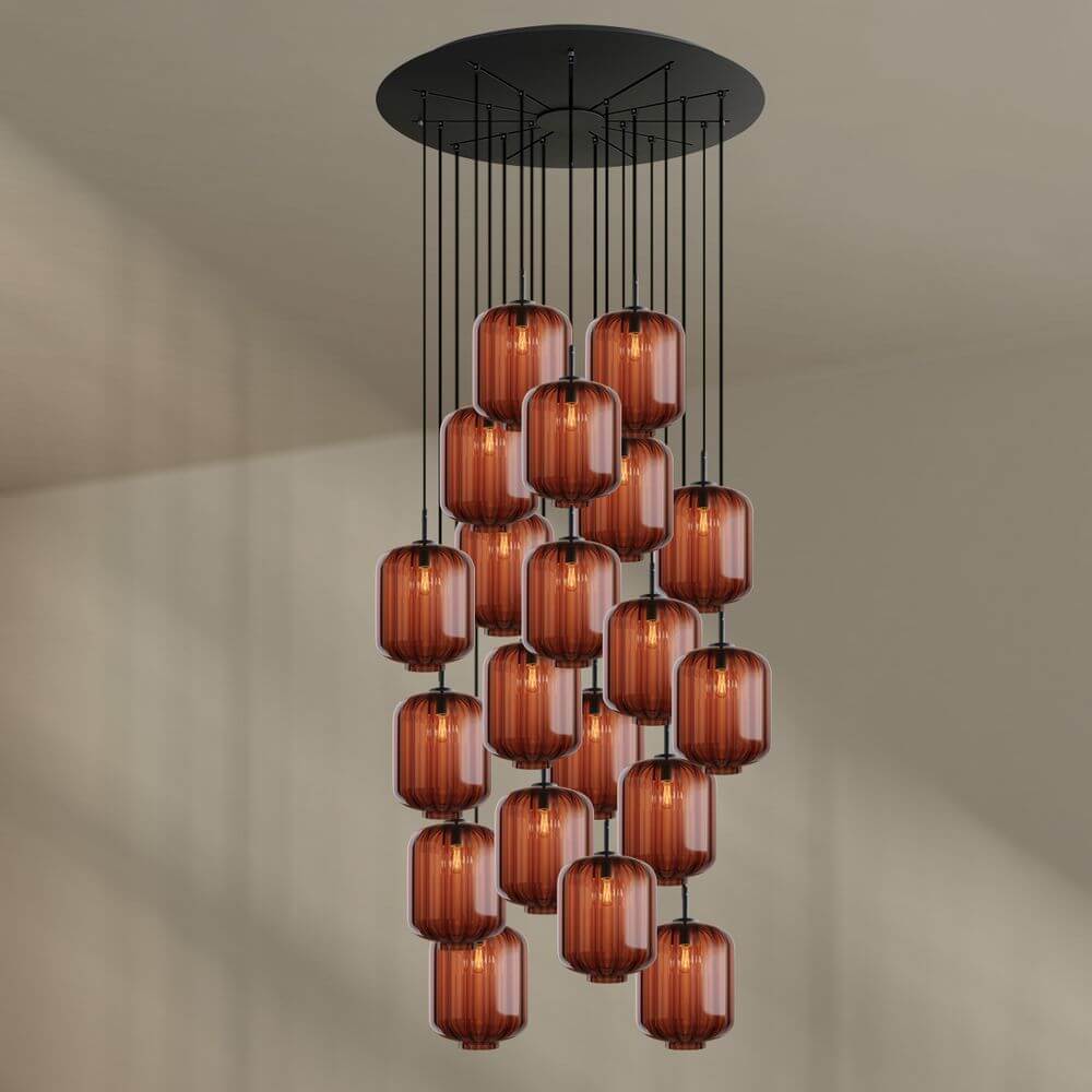 s.luce Velo 20-flammige Galerieleuchte Ø 120cm Ø 25cm mit eleganten, mundgeblasenen Glas-Pendelleuchten.