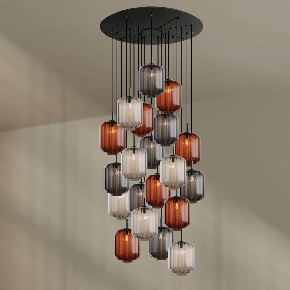 s.luce Velo 20-flammige Galerieleuchte Ø 120cm Ø 25cm mit eleganten Glas-Pendelleuchten in edlen Farben.