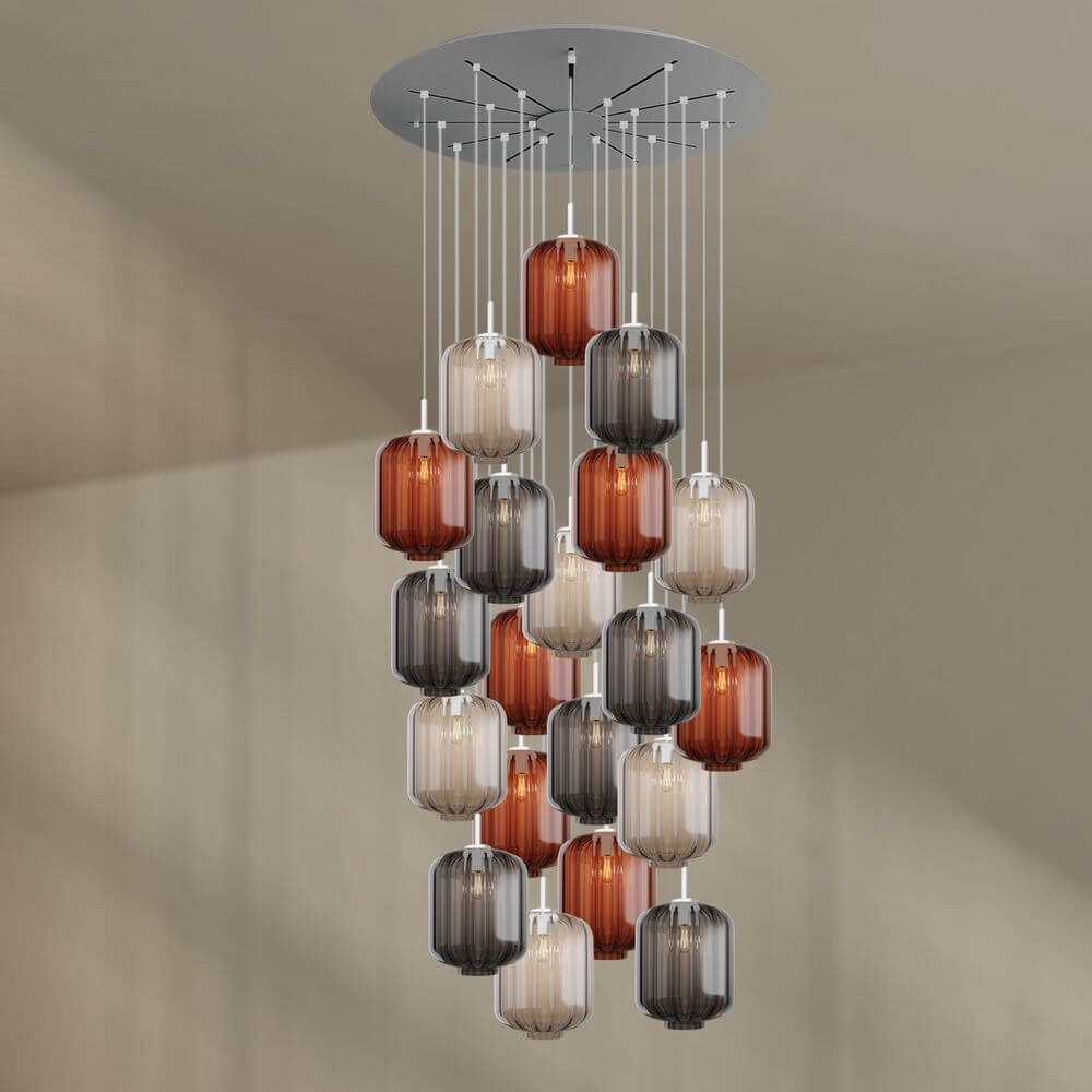 s.luce Velo 20-flammige Galerieleuchte Ø 120cm Ø 25cm mit eleganten mundgeblasenen Glas-Pendelleuchten.