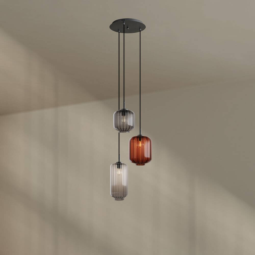 s.luce Velo Galerieleuchte 3-flammig Ø 40cm Baldachin Ø 18/20/25cm mit mundgeblasenen Glaspendelleuchten.