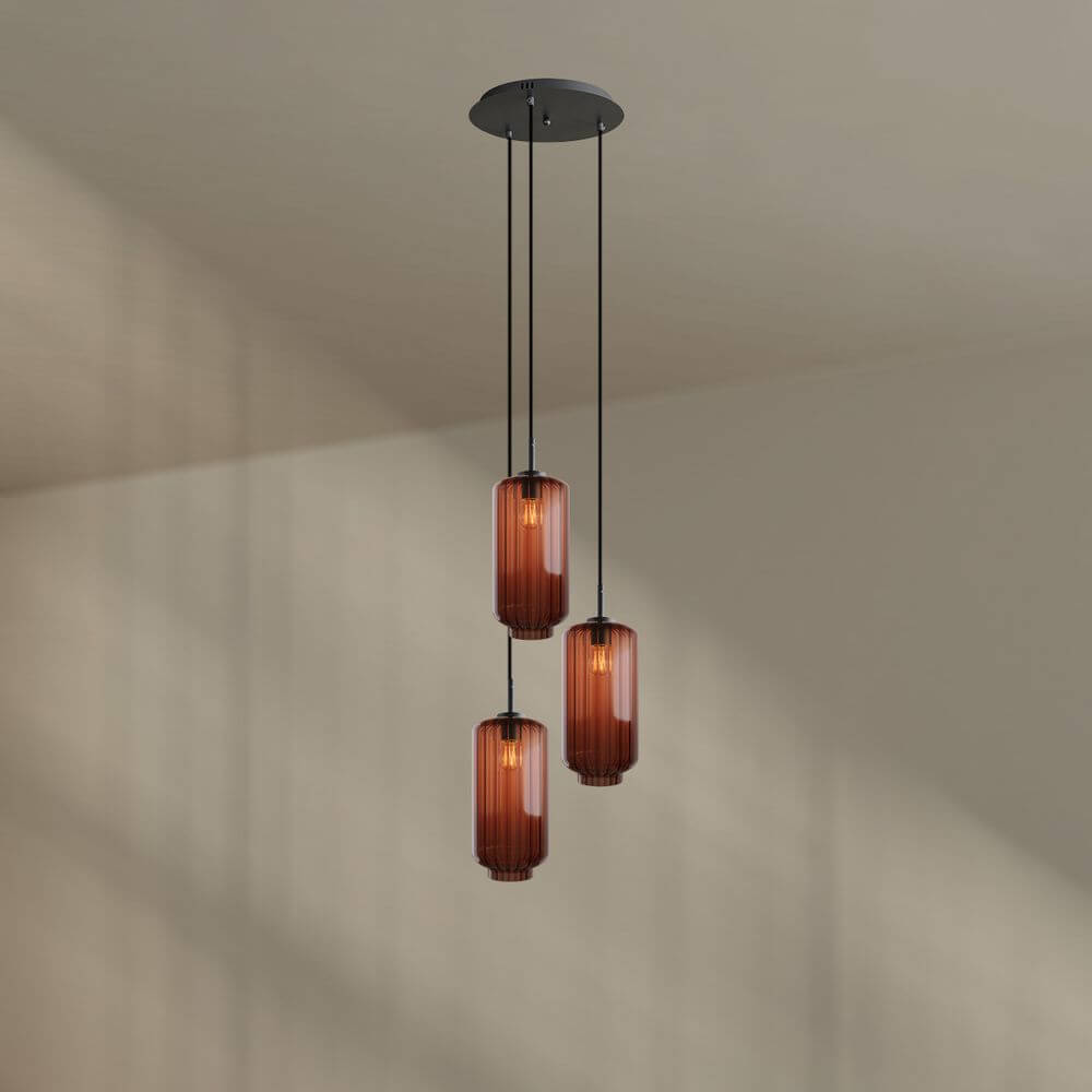 s.luce Velo Galerielampe 3-flammig Ø 40cm Baldachin Ø 18cm mit mundgeblasenen Glaspendelleuchten