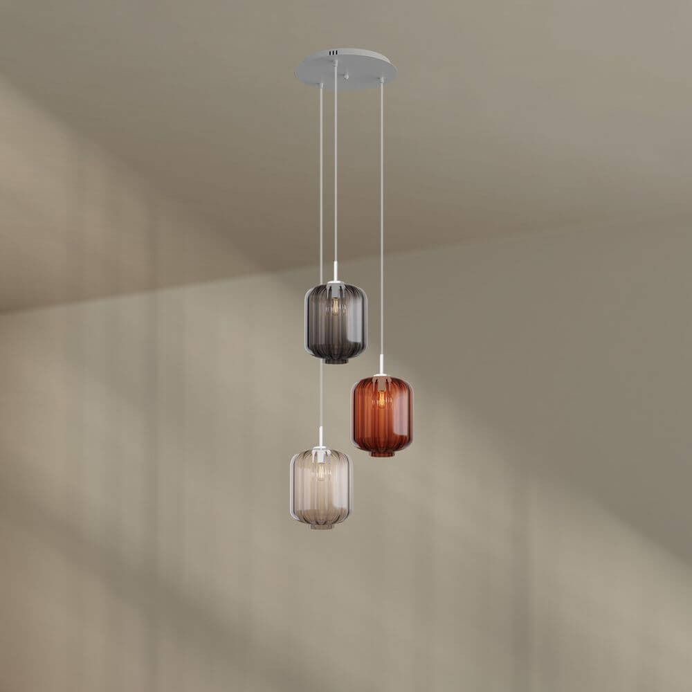 Alt Tag: s.luce Velo 3-flammige Galerielampe Ø 40cm Baldachin Ø 25cm - dreiflammige Glaspendelleuchte in rauch, bernstein und klar