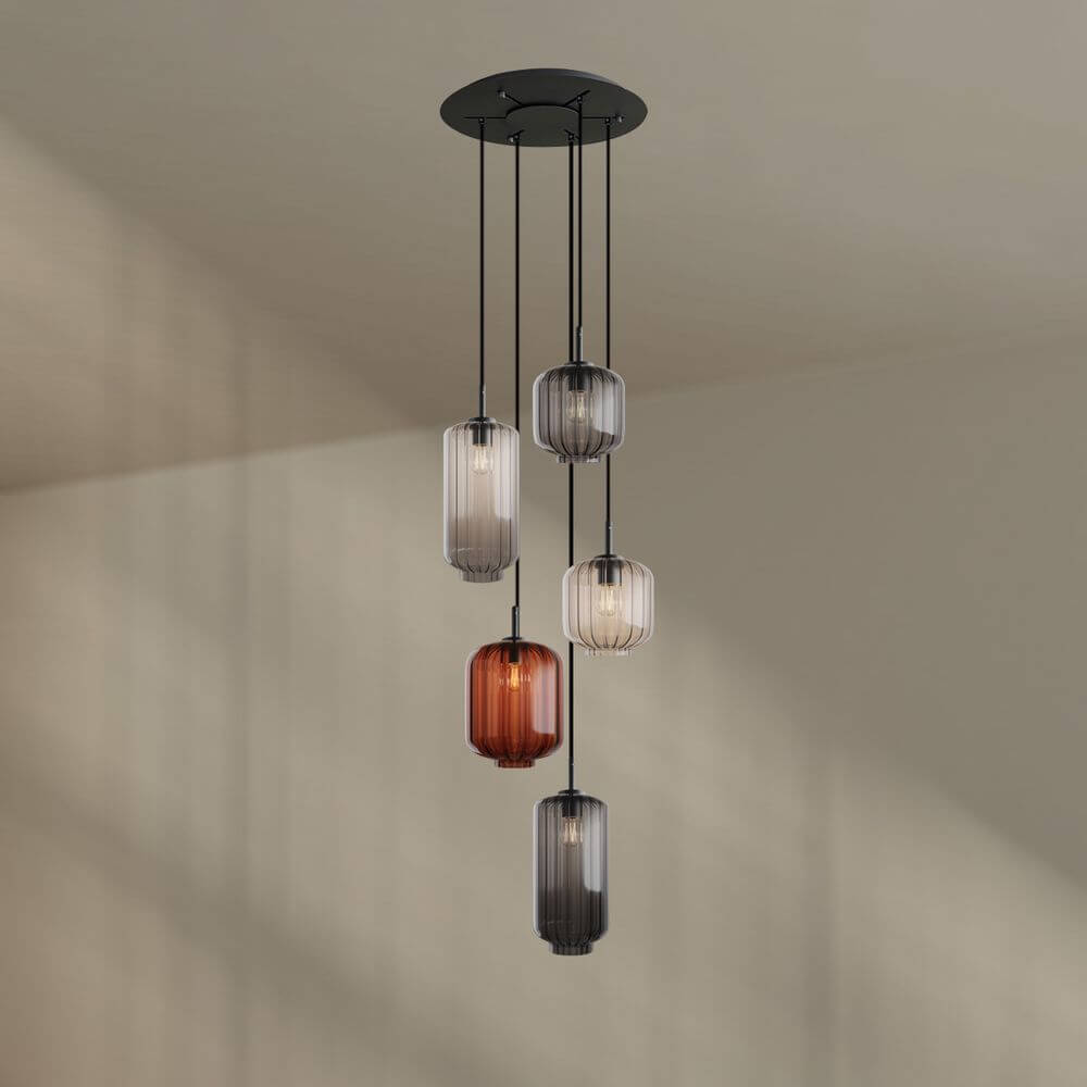s.luce Velo Galerielampe 5-flammig Ø 60cm Baldachin Ø 18/20/25cm mit eleganten Glaspendeln
