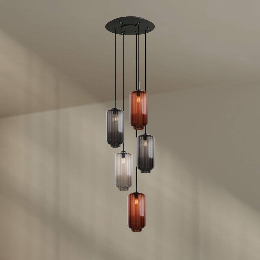 s.luce Velo Galerieleuchte 5-flammig Ø 60cm Baldachin Ø 18cm in modernem, elegantem Design mit fünf Glaspendeln.