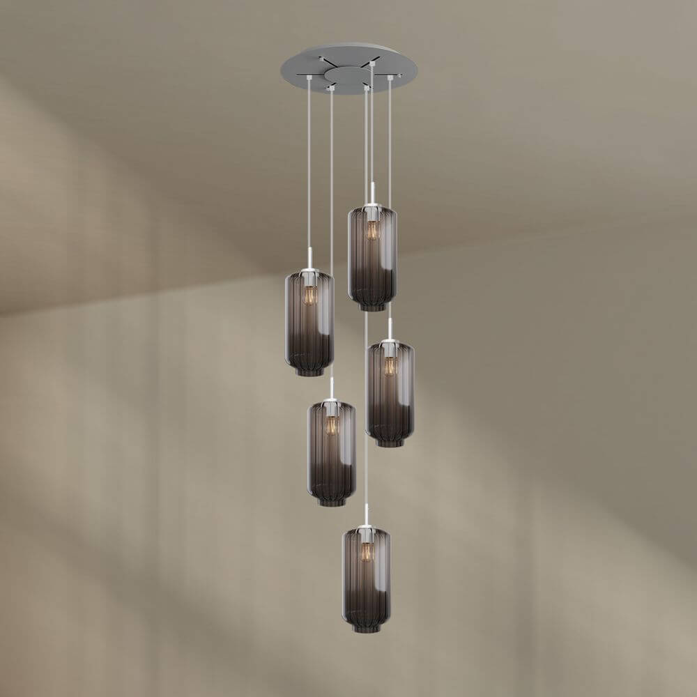 s.luce Velo Galerieleuchte 5-flammig Ø 60cm Baldachin Ø 18cm mit eleganten Glaspendeln.