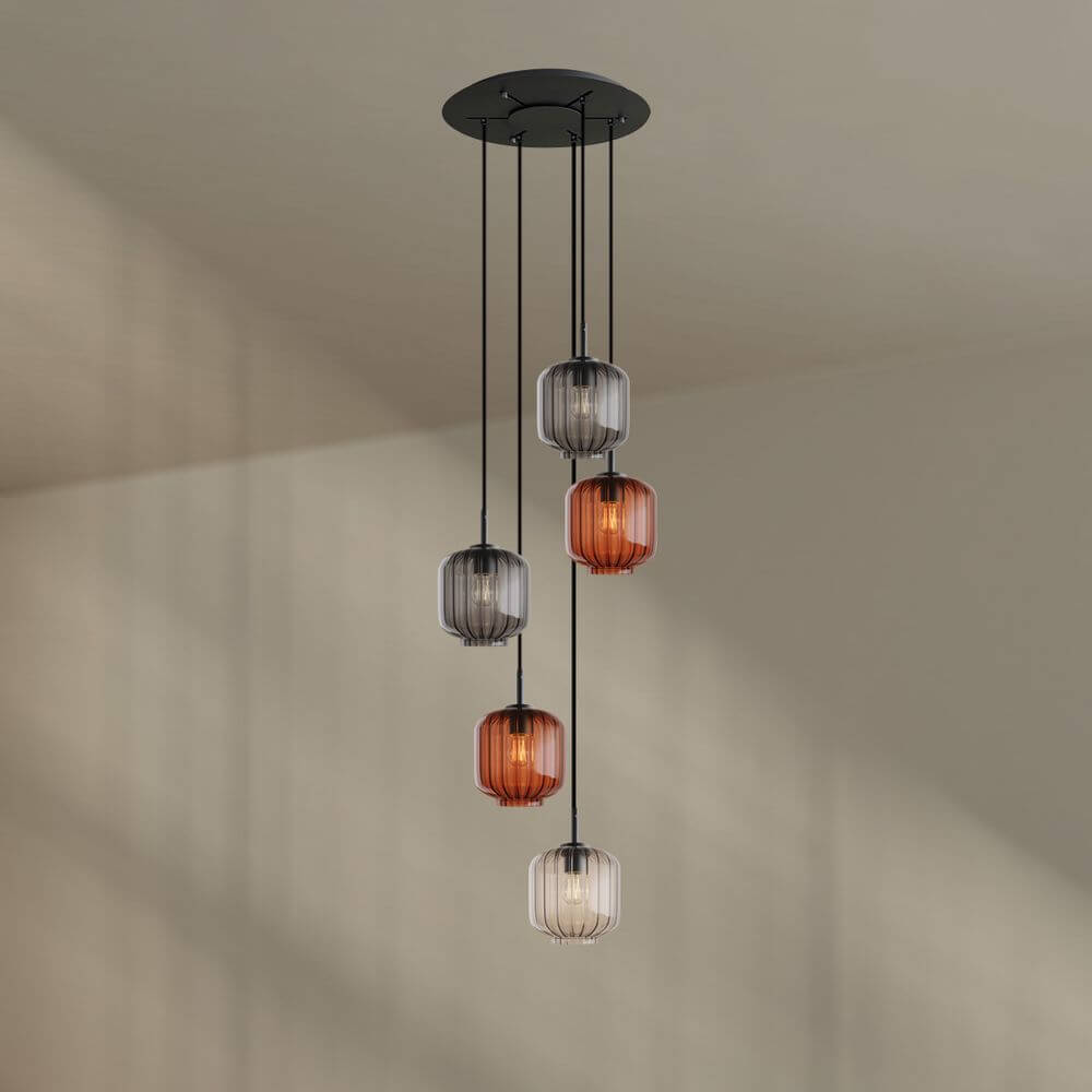 s.luce Velo 5-flammige Galerieleuchte Ø 60cm Baldachin Ø 20cm mit fünf Glaspendeln in eleganten Farben.