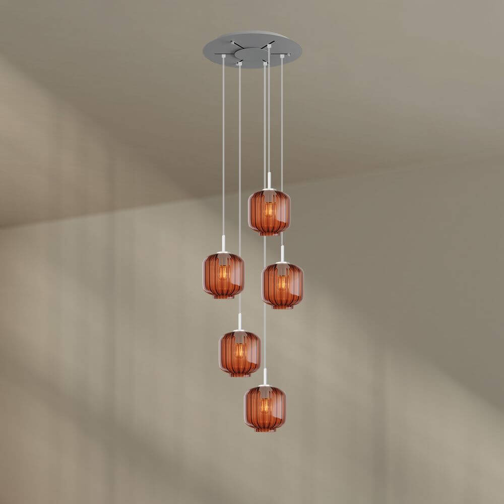 s.luce Velo 5-flammige Galerieleuchte Ø 60cm Baldachin Ø 20cm mit eleganten Glaspendeln.