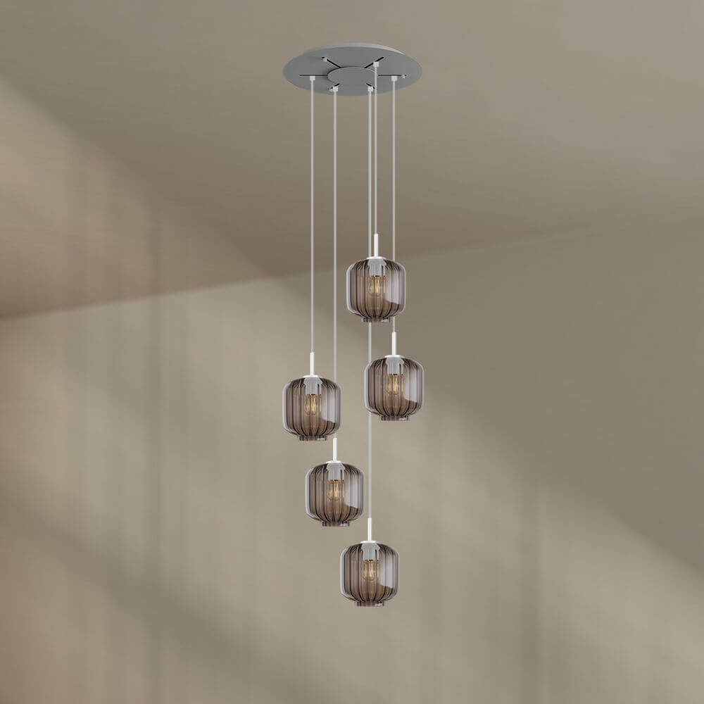 s.luce Velo 5-flammige Galerieleuchte Ø 60cm Baldachin Ø 20cm mit fünf Glaspendeln