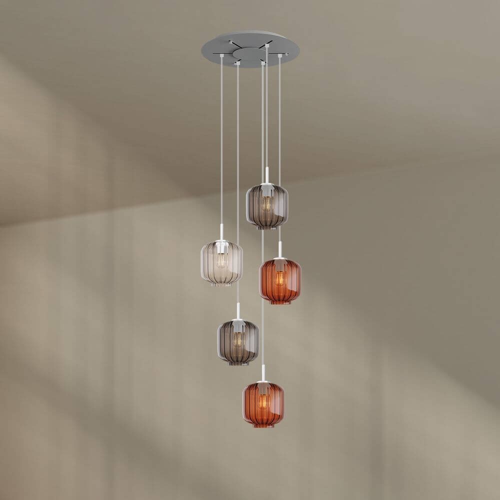 s.luce Velo 5-flammige Galerieleuchte Ø 60cm Baldachin Ø 20cm mit fünf eleganten Glaspendeln.